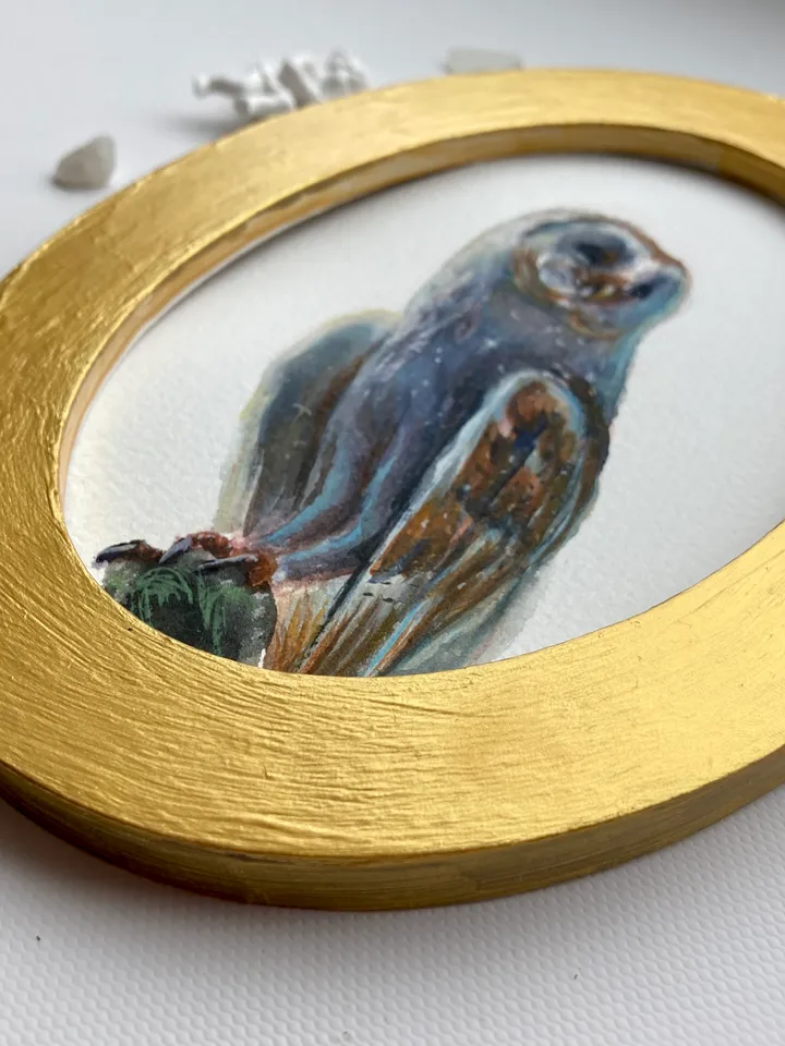 Owl Watercolor Painting Original In Oval Gold Frame Small Framed Bird Art Barn Owl