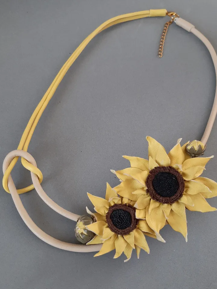Leather necklace sunflower for her , 3rd anniversary gift for wife, Leather women's jewelry