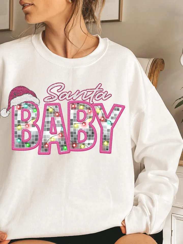 Santa Baby Png, Faux Glitter Sequins, Sparkly Christmas Png, Faux Embroidery Letters, Print File, Sublimation Design, Download ONLY