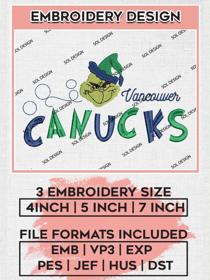 Grinch Vancouver Canucks Embroidery Designs, Grinch Christmas Embroidery Files, NHL Canucks Machine Embroidery Designs, NHL Vancouver Canucks Logo, NHL Christmas Machine Embroidery Design, Digital Download