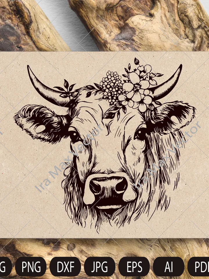 Cow SVG file, Cow with Flower Crown SVG, Cow cut file, Animal Floral Crown, Cow with Flowers on Head, Cute Cow svg