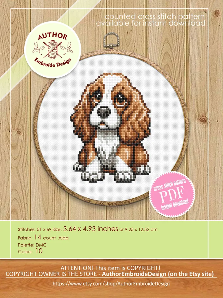 Spaniel dog cross stitch pattern PDF download Small pet cross stitch chart for beginners, Cute dog pattern digital PDF, Dog lover gift #K65