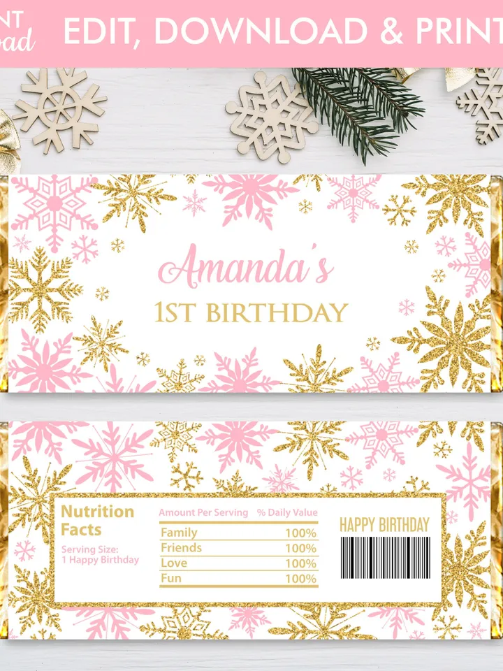 Winter Onederland Candy Bar Wrapper Chocolate Bar Wrappers, Winter Onederland Birthday Girl Decorations, Snowflakes 1st Birthday Template