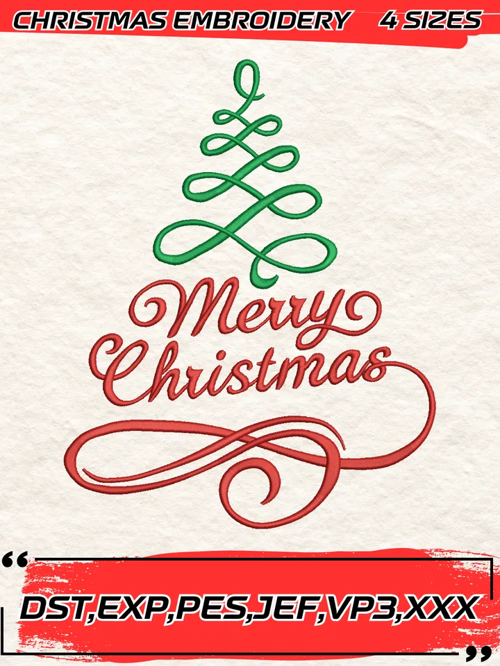 Merry Christmas Tree Embroidery Design,Christmas Embroidery Design,4 Sizes, Digital Download