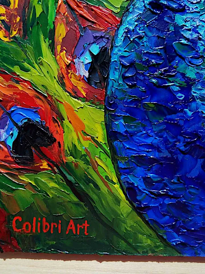 Peacock Painting Bird Original Art Animal Painting Impasto Colorful Wall Art Rainbow Small Art 12" x 12" By Colibri Art