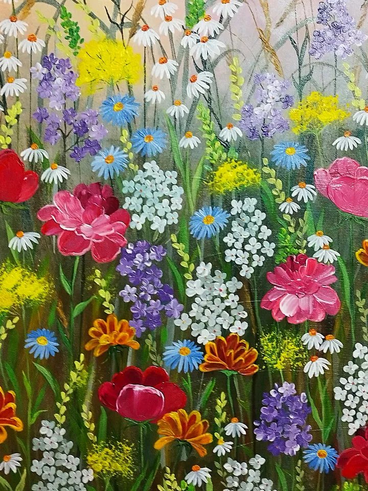 Flower landscape acrylic painting Wildflowers art impasto Summer meadow artwork