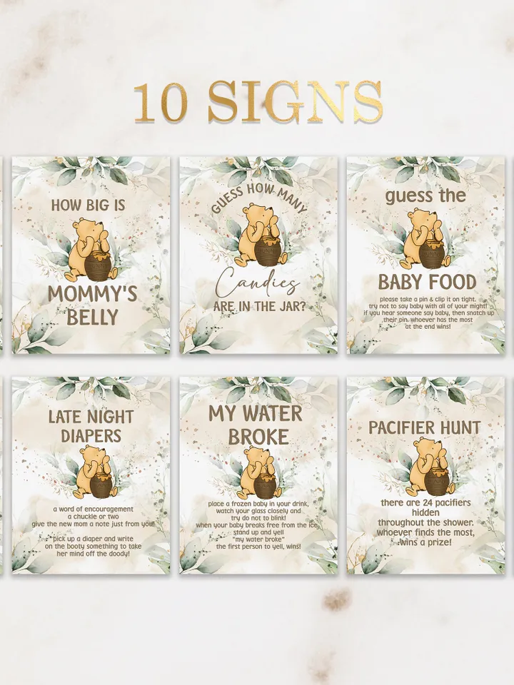 Winnie the Pooh Baby Shower Signs; Winnie the Pooh Inspired; Printable Pooh Baby Shower Party Games; Honey Bear Shower Games; WP4