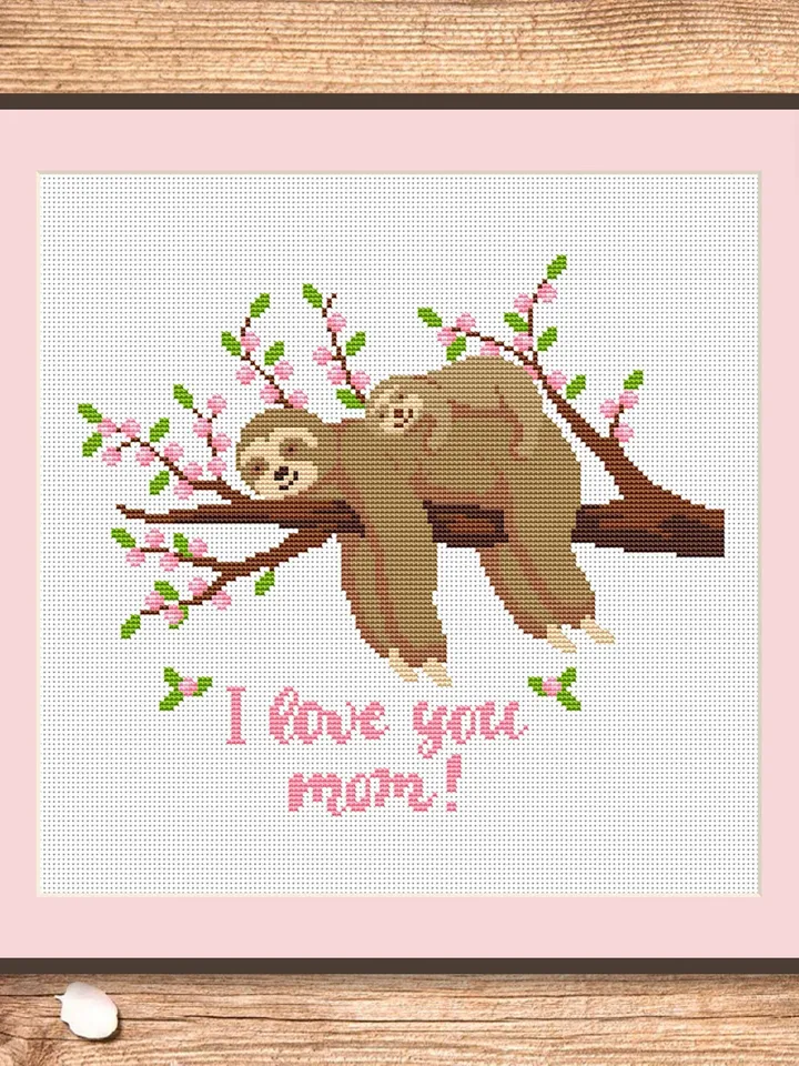 I Love You Mom Cross Stitch Pattern, Mother's day Cross Stitch, Embroidery Sloth, Sloth xStitch, Sloth Pattern, Modern Cross Stitch #anm034