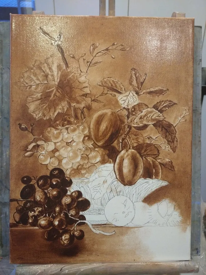 Still Life Oil Painting Grapes Chestnut Plums Reproduction Original Art 16x12 inches
