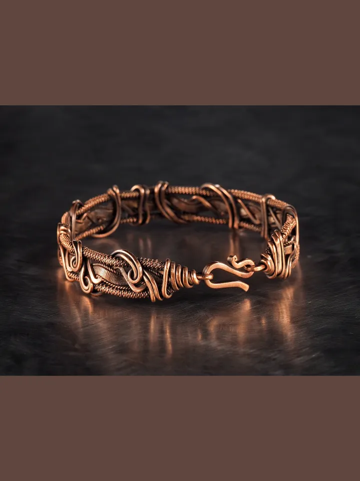 Wire wrapped bracelet, Unique 7th 22nd Anniversary gift idea, Art Nouveau antique style, One of kind braided statement bangle, Handmade oxidized pure copper jewelry, Pain relief, EMF protection