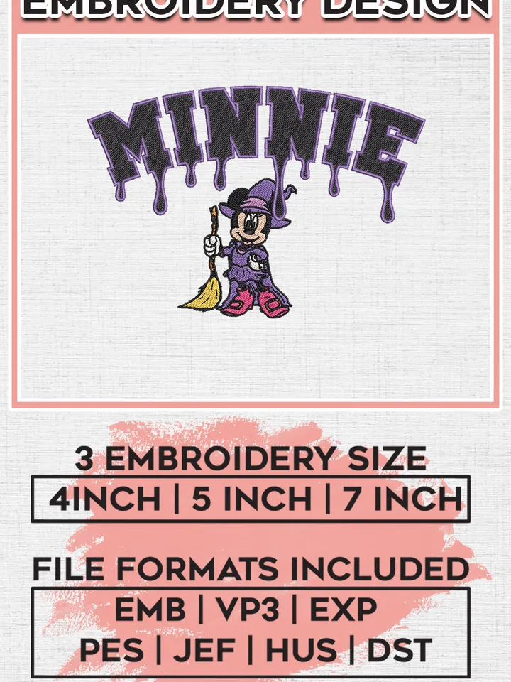 Minnie Mouse Cute Witch Drop Name Embroidery designs, Disney Character Machine embroidery designs, Halloween embroidery files, Spooky Season Machine Embroidery Digitized Pes Files, Digital Download