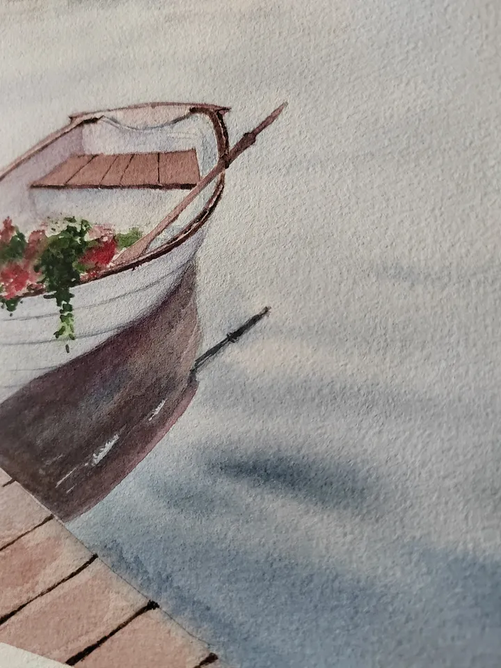 Original Watercolor Painting Water Landscape Art White Boat Artwork 30x40 cm by SoftWaves
