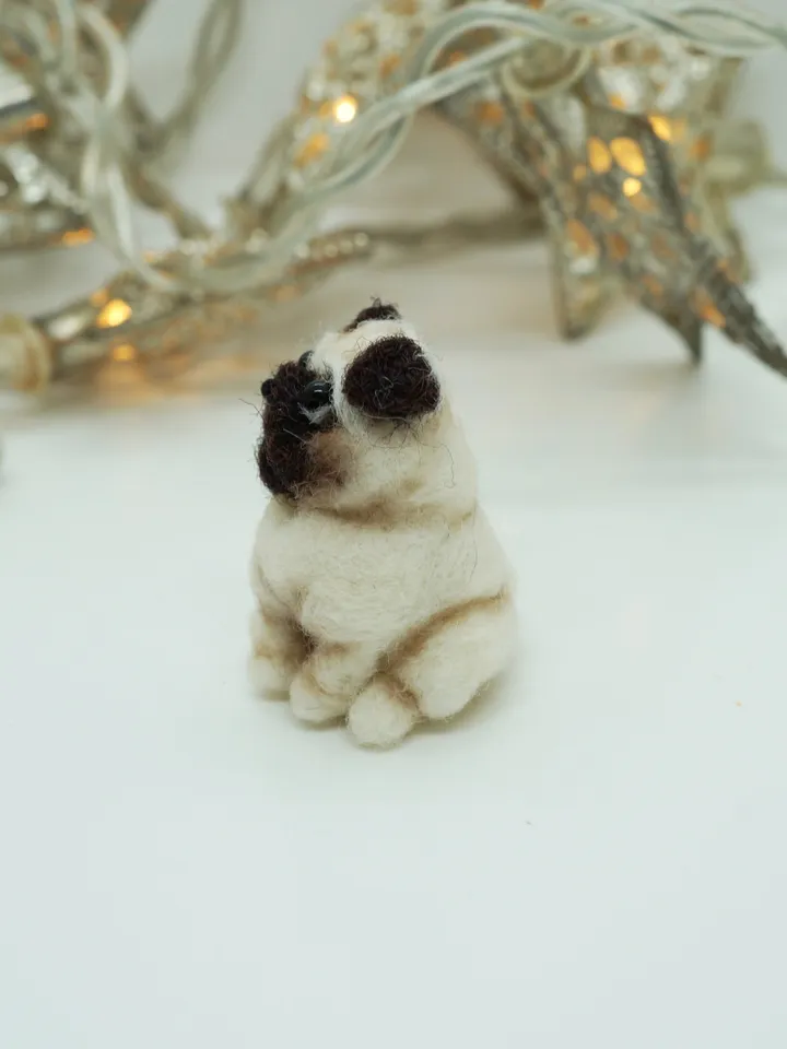 Tiny needle felted pug, miniature felted pet, dog portrait, made to order