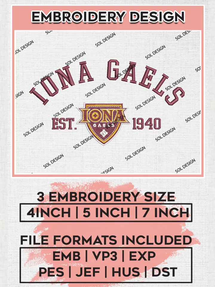 Iona Gaels Est 1940 Embroidery Designs, NCAA Iona Gaels Team Embroidery, NCAA Team Logo, 3 sizes, Machine embroidery Files, Digital Download
