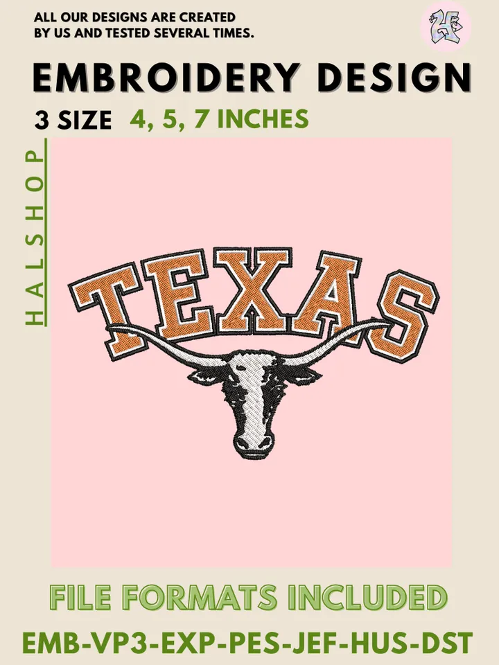 Texas Longhorns NCAA Logo Embroidery File | College Team Stitch Design | Instant Digital Download