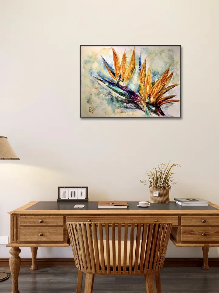 Bird of paradise flower, strelitzia flower original watercolour mix media painting on yupo paper,one of a kind painting,gift,wall art.