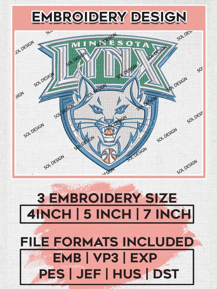 WNBA Minnesota Lynx Basketball Logo Embroidery Files, WNBA Minnesota Lynx Team Embroidery Designs, WNBA Basketball Teams, 3 sizes, Machine embroidery designs, Digital Download