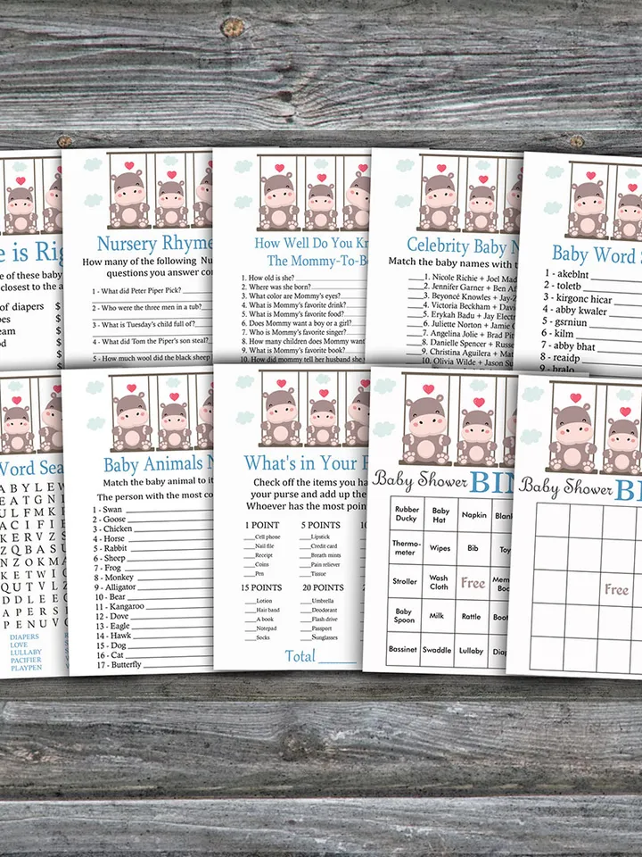 Hippo baby shower games bundle,Safari Baby Shower games package,Fun Baby Shower Games,9 Printable Games-291