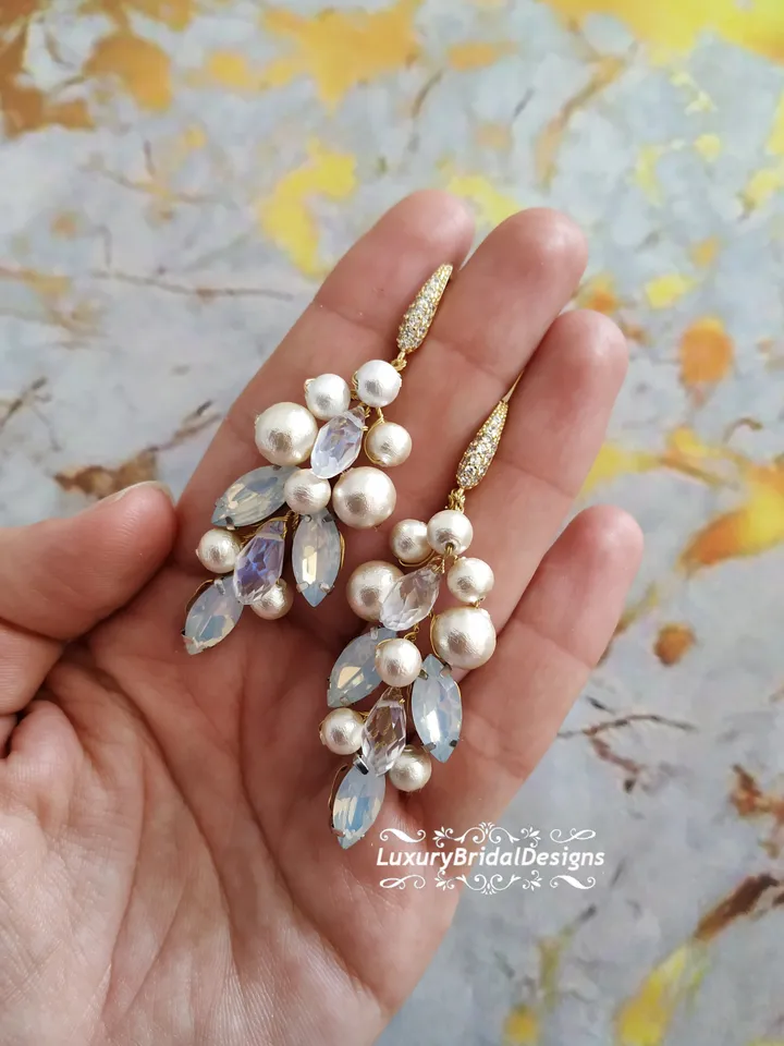 Opal Bridal earrings Cotton Pearl Wedding Earrings Gold Wedding Earrings Swarovski Crystal Chandelier Bridal Earrings Boho Wedding Earrings