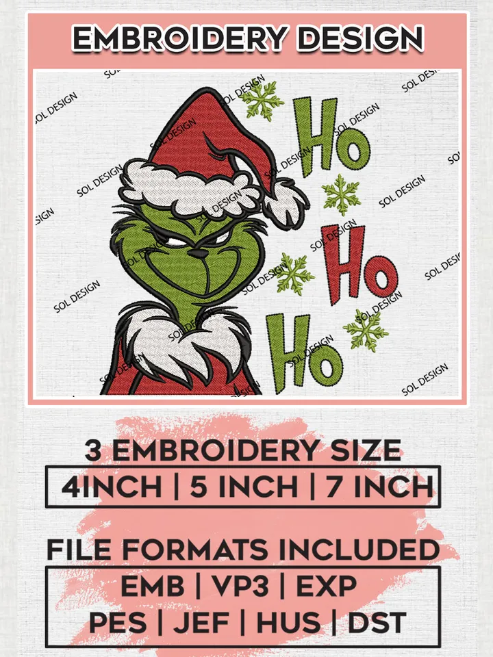 Ho Ho Ho Grinch Christmas Embroidery Design Files, Grinch Machine Embroidery, Merry Grinchmas Hand Embroidery, 3 sizes, Cute Christmas Machine embroidery designs, Digital Download
