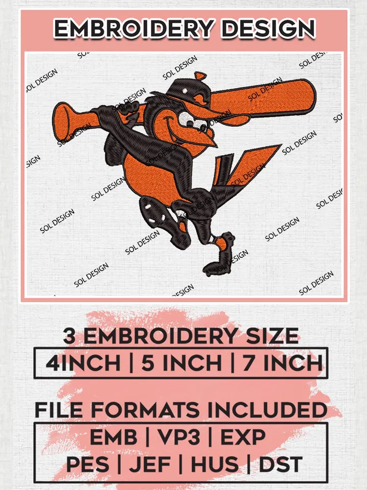 MLB Baltimore Orioles Mascot Logo Embroidery Files, MLB Baltimore Orioles Team Embroidery, MLB Teams, 3 sizes, MLB Machine embroidery designs, Digital Download