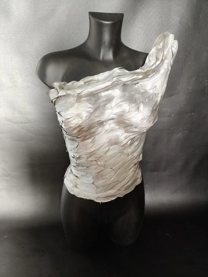 silver corset with feathers, cuirass, feather plate