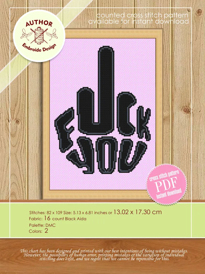 Fuck you cross stitch pattern PDF download Rude cross stitch chart, Fuck pattern digital PDF, Embroidery for adult #Q10