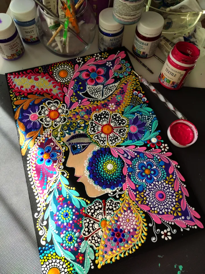 Girl Dot Painting. Floral Portrait Acrylic Original Art 30 by 20 cm / 12 by 8 ''