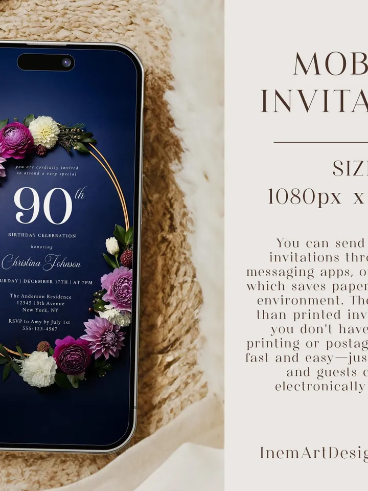 90th Birthday Party Invitation Canva Template for Mother Grandma, Moody Purple Flowers Navy & Gold, 90 Years Loved, Digital Invite