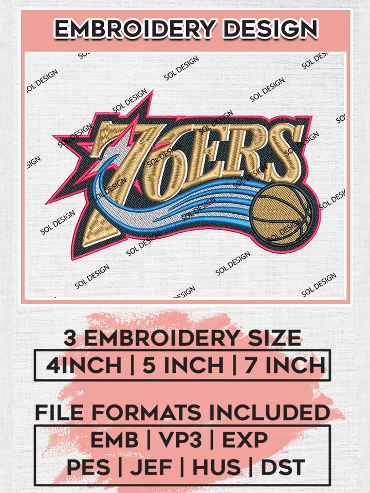 NBA 76ers Embroidery Designs, NBA Philadelphia 76ers Logo Embroidery, Basketball Team Logo Embroidery Files, NBA Team, 3 sizes, NBA Machine embroidery Files, Digital Download