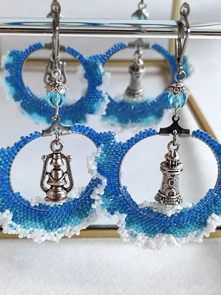 Blue beaded earrings with lighthouse waves kerosene lamp