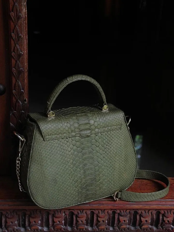 Genuine python top handle bag / designer bag / exotic leather bag / khaki purse exotic leather / snake  print designer classy purse