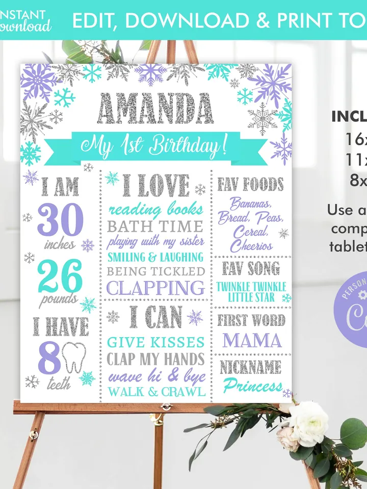 Winter Onederland 1st Birthday Sign, Winter Onederland Purple Turquoise Decorations Milestone Birthday Poster Editable Template Digital File