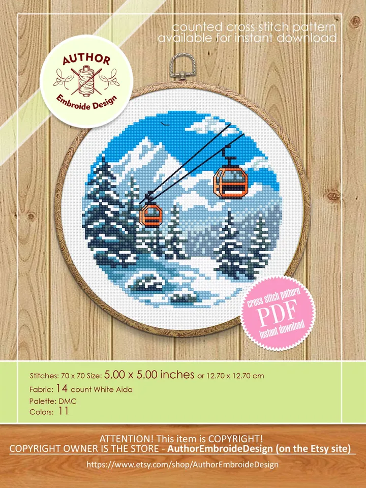 Winter landscape cross stitch pattern PDF download Ski lift gondola cross stitch, Small snow pattern digital PDF, Mountain landscape #L94