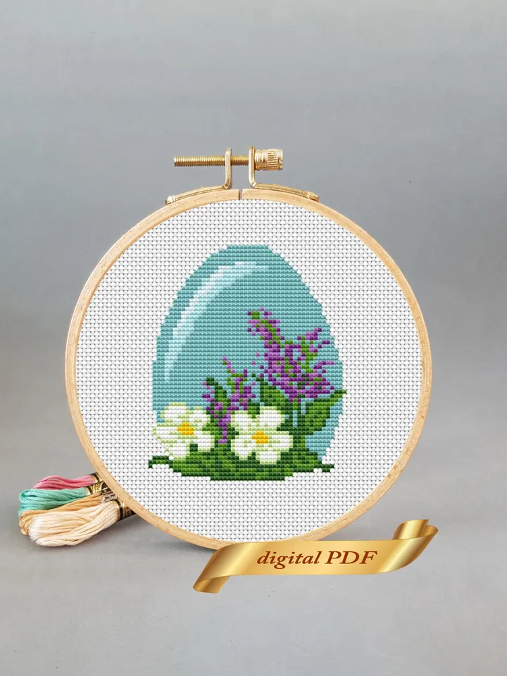 Happy Easter cross stitch pattern pdf, Banny embroidery DIY Easter floral design, art.16