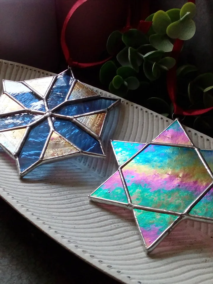 Set of 2 snowflake suncatchers, christmas ornaments, simple stained glass, Christmas decorations, Xmas tree star