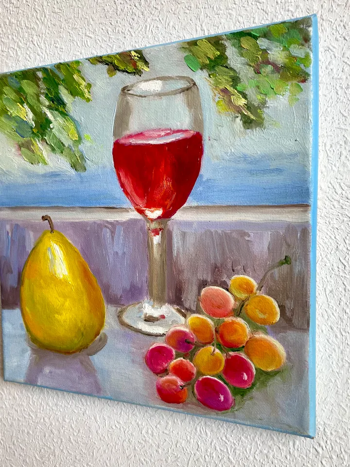Wine Glass Painting, Original Oil Painting on Canvas, Fruit Still Life Painting 10" x 10"
