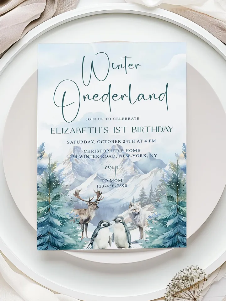 Winter Onederland Invitation | Wonderland Boy Girl First 1st Birthday Party Invite | Deer Arctic Animals Woodland Forest - I124