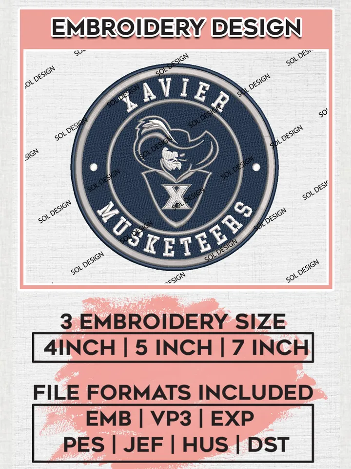 NCAA Xavier Musketeers Round Logo Embroidery, NCAA Xavier Musketeers Logo Embroidery files, NCAA Teams, Machine embroidery designs, Digital Download