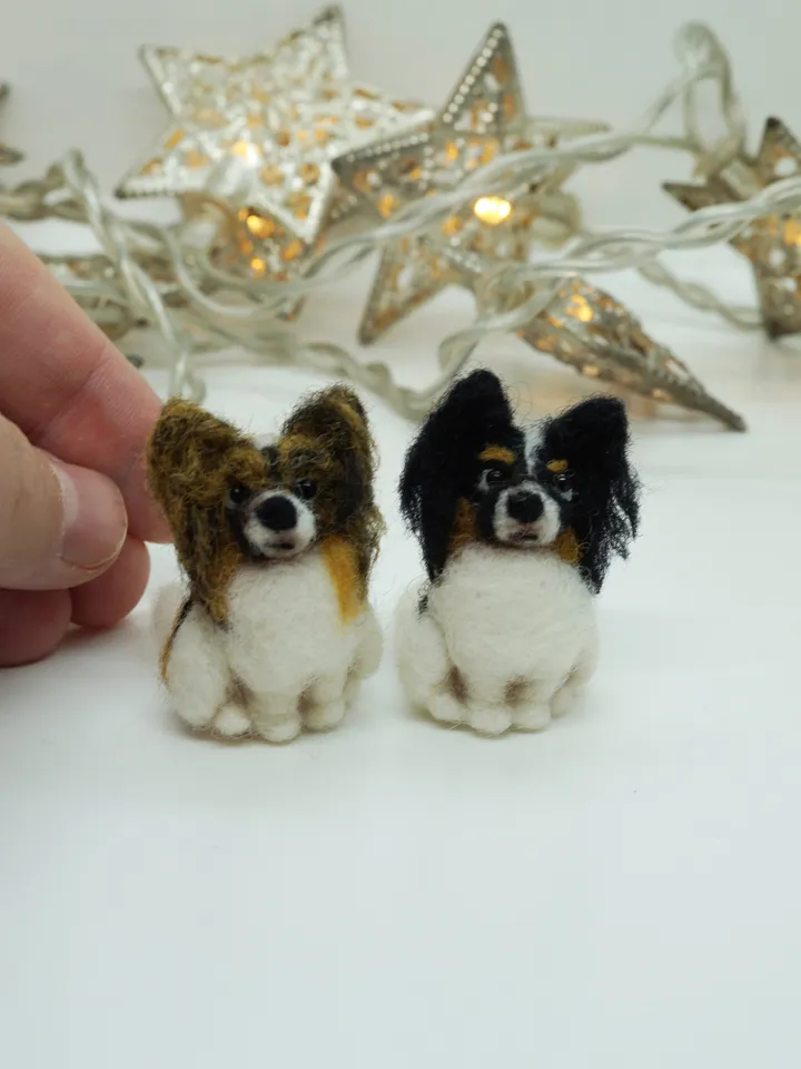 Tiny needle felted papillon , miniature felted pet, dog portrait, made to order