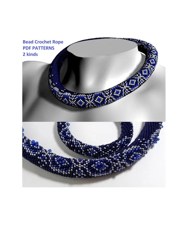 Bead Crochet Rope patterns for beading «Roberta» Necklace and Bracelet. PDF patterns, Instant Digital Download