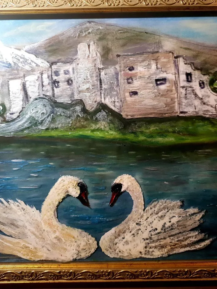 Swans on the lake,stained glass art,mix media art,painting on glass pastel painting,one of a kind.