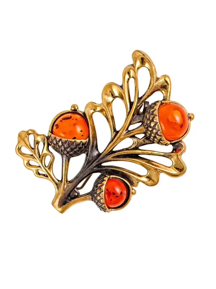 Acorns oak leaf Brooch Autumn jewelry Gold Brass with Amber, Orange brooch Forest Nature loves gift for her women