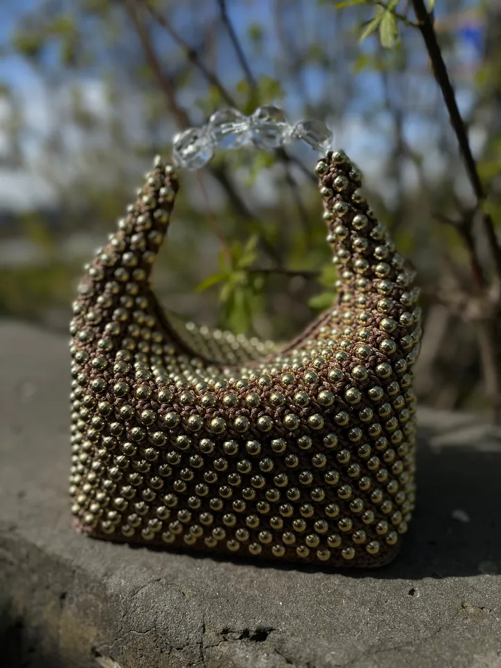 Womens crochet handbag with gold beads, luxury gold bag, vegan crossbody, top handle, small purse, gift for mother, shoulder bag