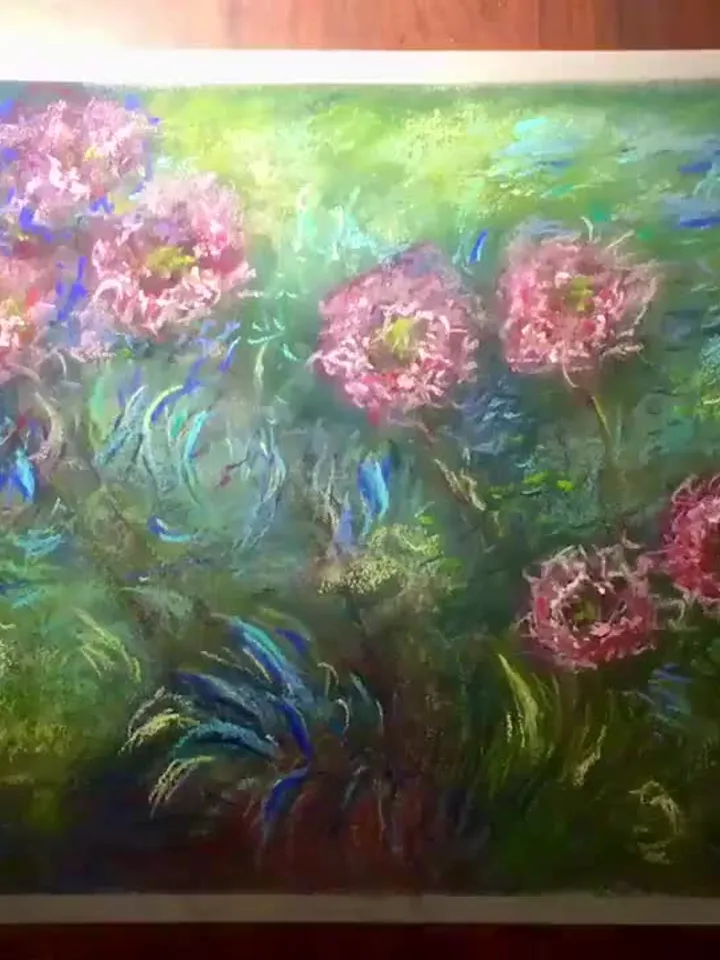 Flower garden poster from original soft pastel painting on paper,pink flowers impressionistic painting,one of a kind home decoration,gift.