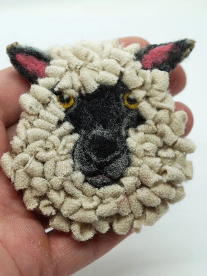 Sheep brooch, textile brooch, needle felted sheep, rug hooking brooch, ready to ship
