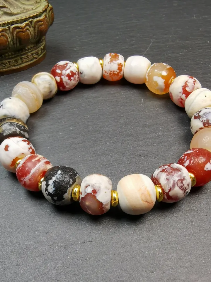 Gandhanra Tibetan Sugar Agate Beads Wrist Mala, Unique 11mm Barrel Shape Carnelian Bracelet