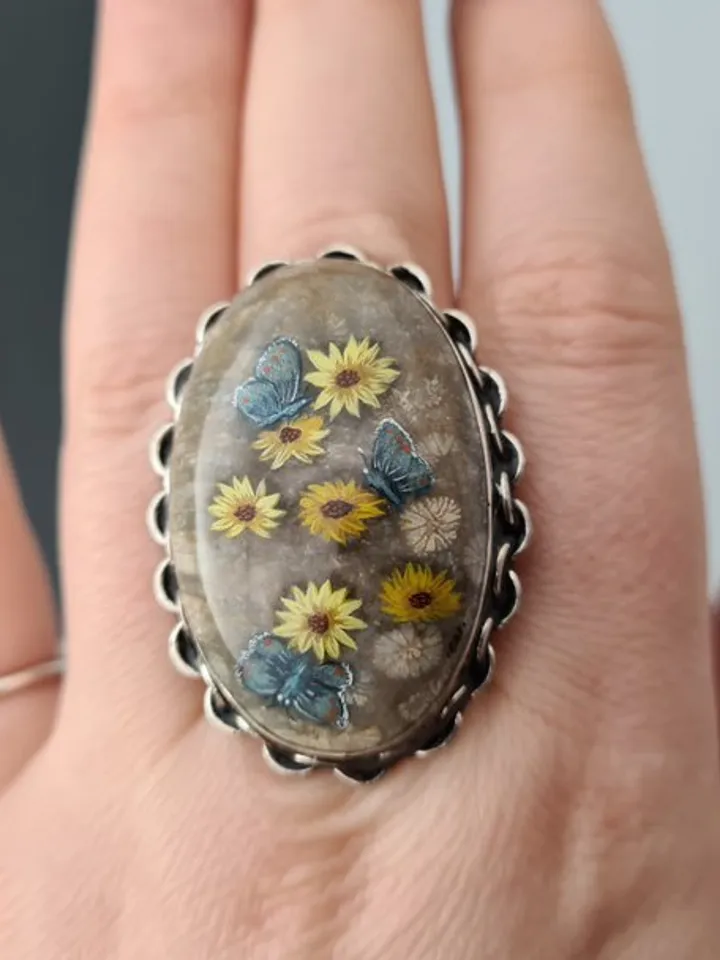 Daisies and blue moths ring Coral stone ring Stone painting