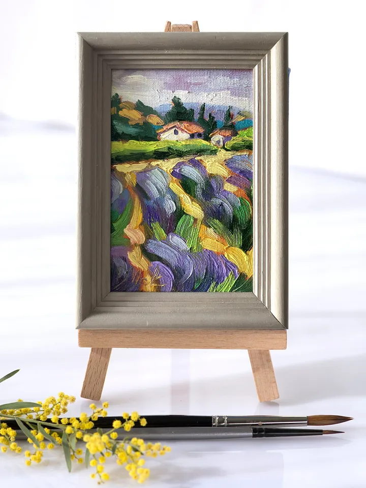Lavender Fields Painting Tuscany Original Art Landscape Oil Painting Impasto Small Artwork 4x6 Tuscan Serenity Painting Wild Flowers