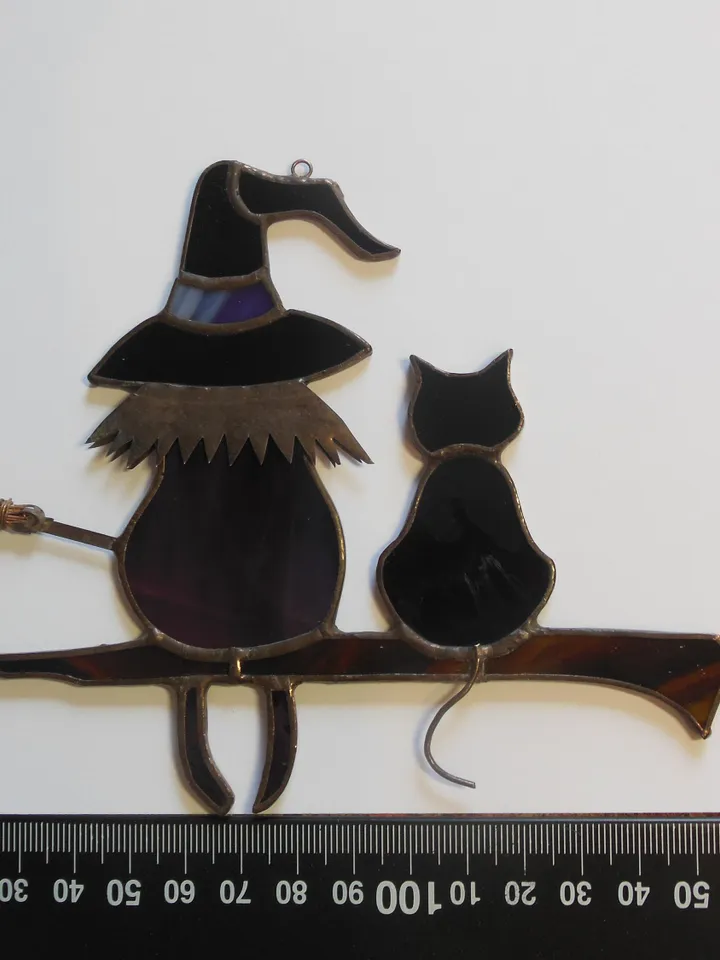 Victorian Witch with Black Cat Halloween , Art stained glass window hanging Suncatcher